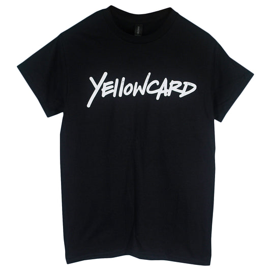 The Logo VHS - Black T-Shirt features "Yellowcard" in large, white handwritten-style letters across the chest. This Gildan Heavy Cotton tee is shown laid flat on a white background.