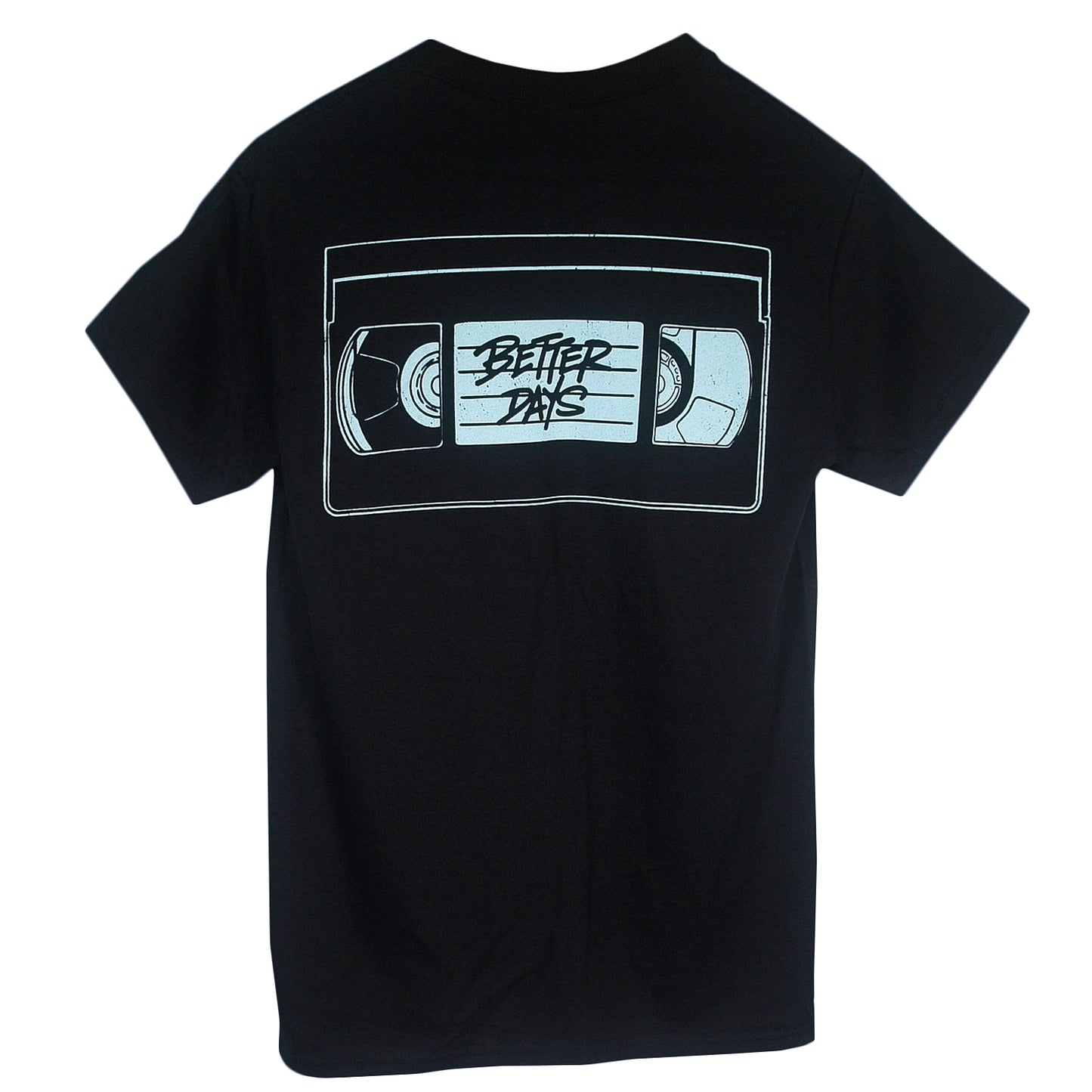 The Logo VHS - Black T-Shirt is a black Gildan Heavy Cotton tee with a large graphic of a VHS tape on the back, featuring "BETTER DAYS" in stylized lettering across the tape’s label area.
