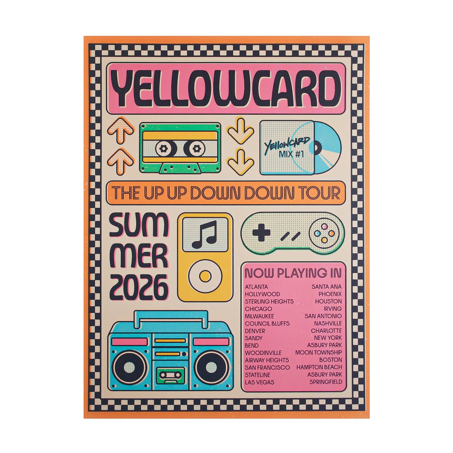 The Retro Summer Tour 2026 18" x 24" Poster w/ Tube features vibrant retro icons like a cassette, CD, music note, and boombox, plus a list of tour cities on the side—perfect for fans of Yellowcard’s summer shows.