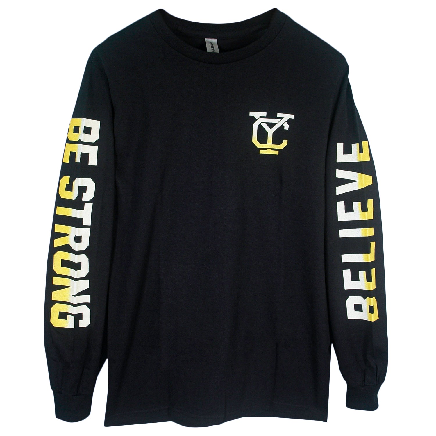 The Believe - Black Long Sleeve features "BE STRONG" and "BELIEVE" on the sleeves, with a small white and yellow logo on the upper left chest.