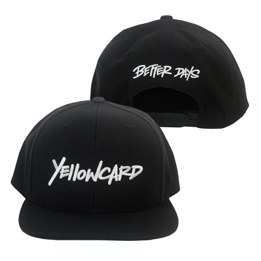 Two Better Days Logo - Black Snapback hats feature white embroidered text—Yellowcard on the front and Better Days on the back—displayed to show both sides.