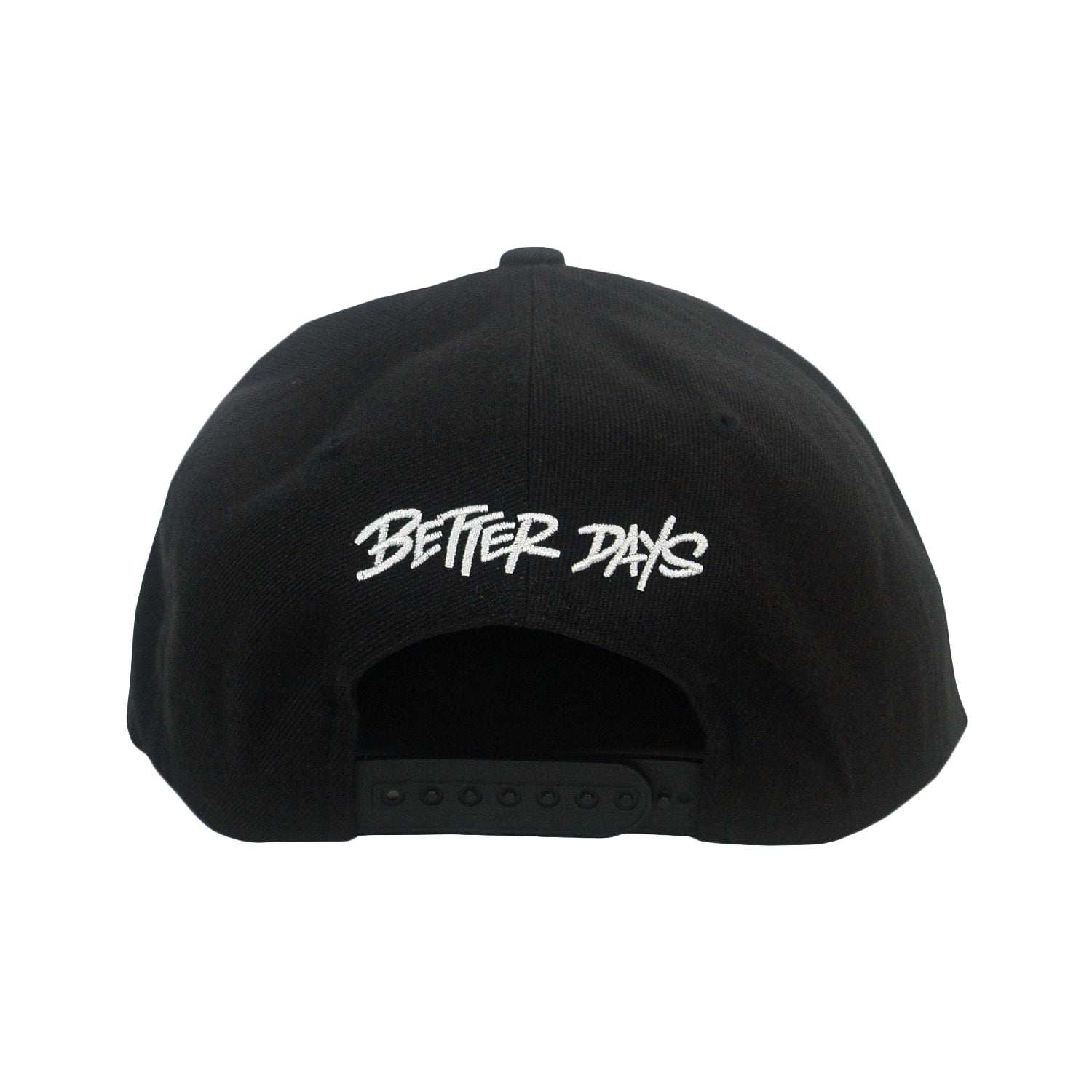 The Better Days Logo - Black Snapback features "BETTER DAYS" in white, stylized embroidery above the adjustable strap—a perfect, quality choice for fans of embroidered hats.