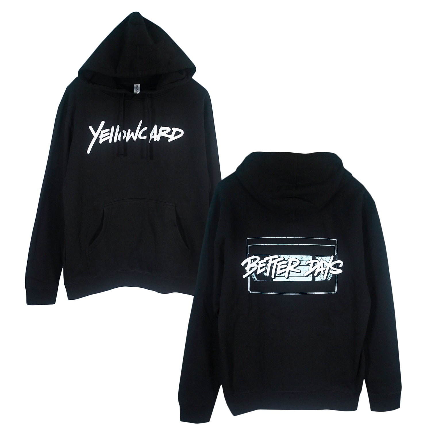 The Better Days VHS - Black Pullover from Independent Trading Co. in black shows "Yellowcard" in white on the front and "BETTER DAYS" inside a blue-and-white outlined rectangle on the back.