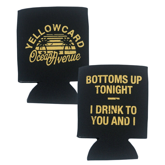 Set of two black koozies with yellow text: one features "YELLOWCARD Ocean Avenue" with a sunset and palm trees; the other says "BOTTOMS UP TONIGHT — I DRINK TO YOU AND I.
