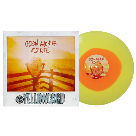 An Ocean Avenue Acoustic - Orange Inside Yellow - Vinyl LP sits next to its cover, which features a blurred person by the ocean at sunset. The cover displays the album title and Yellowcard’s name.