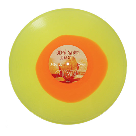An Ocean Avenue Acoustic - Orange Inside Yellow - Vinyl LP with an orange center and bold album tracklist printed on the label.