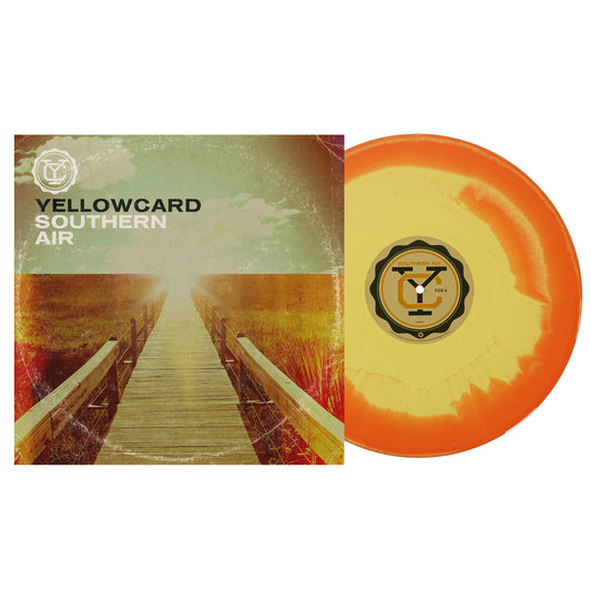 Album cover for Southern Air by Yellowcard shows a boardwalk into a bright horizon over grassy fields, displayed next to the Southern Air - Yellow & Orange Swirl - Vinyl LP.