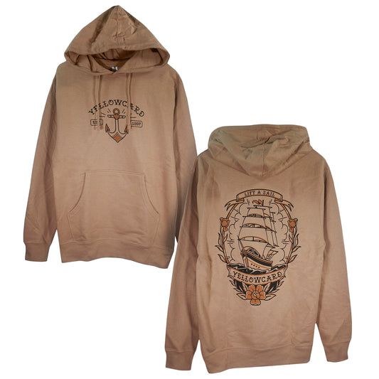 Tattoo Ship - Sandstone Pullover hoodie features “Yellowcard” and anchor on the front, with a large sailing ship, anchor, flowers, and “OCEAN AVENUE - Yellowcard” graphic on the back. Ideal for fans of printed hoodies.
