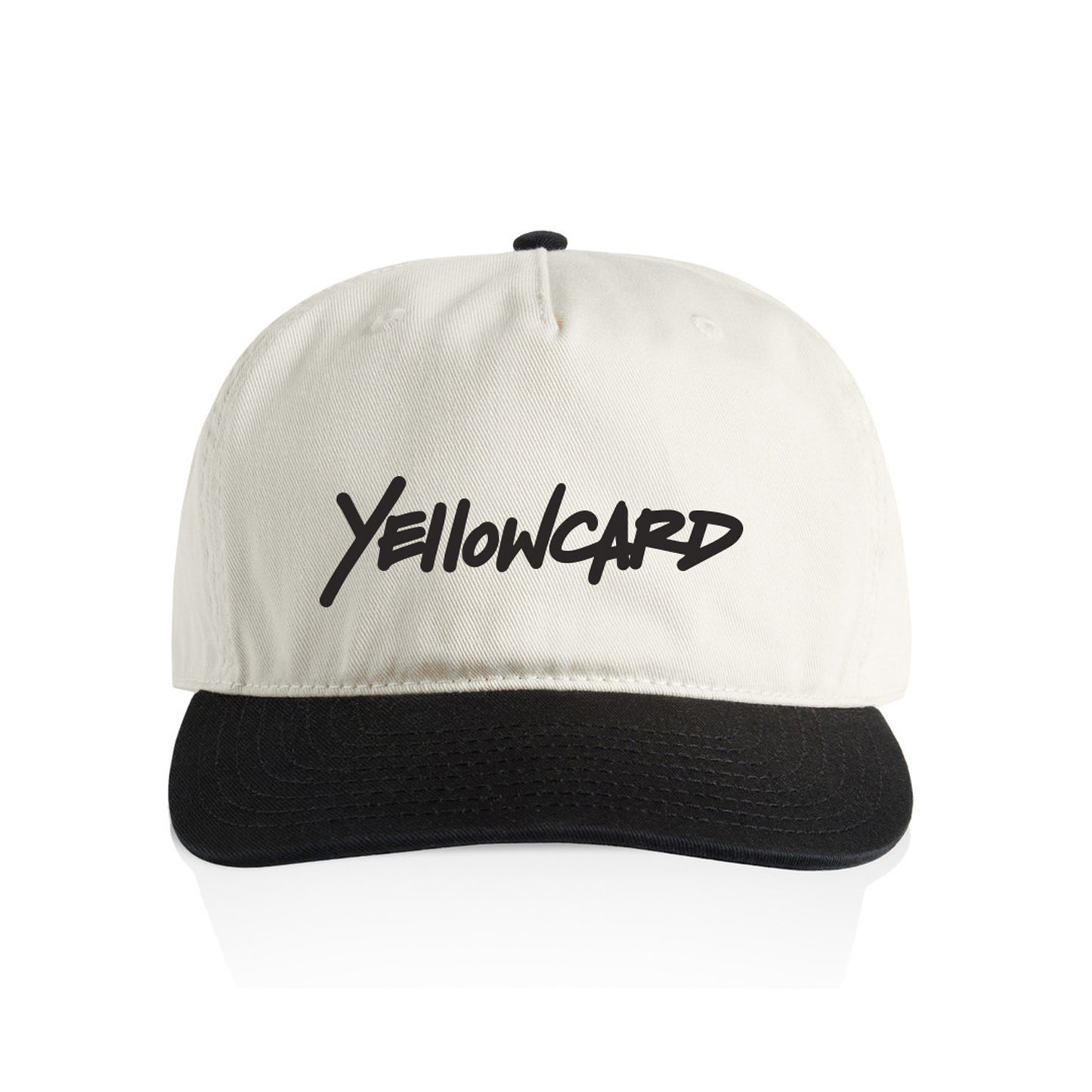 The Logo - White Snapback is a white adjustable hat with a black brim and "YELLOWCARD" in bold black script on the front.