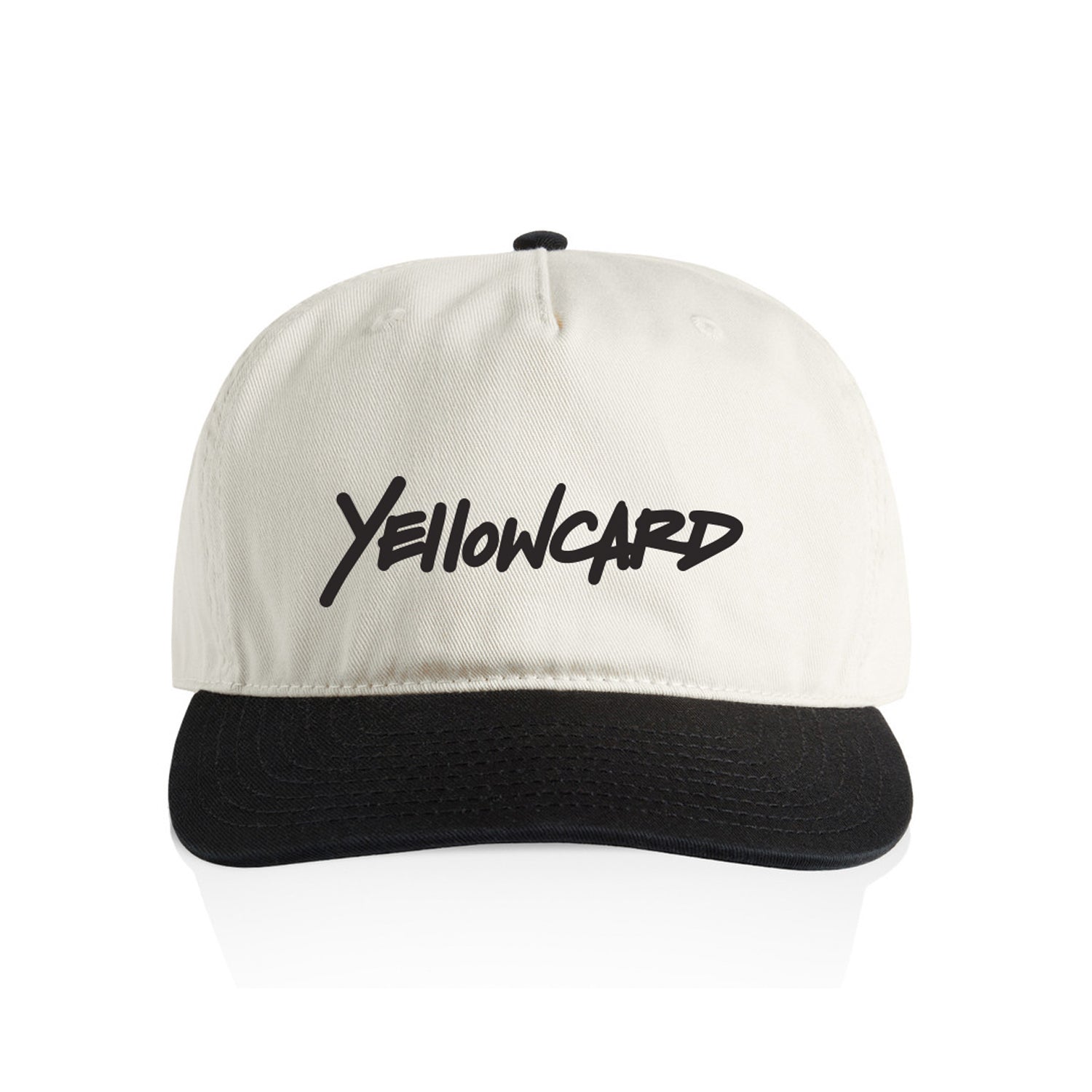 The Logo - White Snapback is a white adjustable hat with a black brim and "YELLOWCARD" in bold black script on the front.