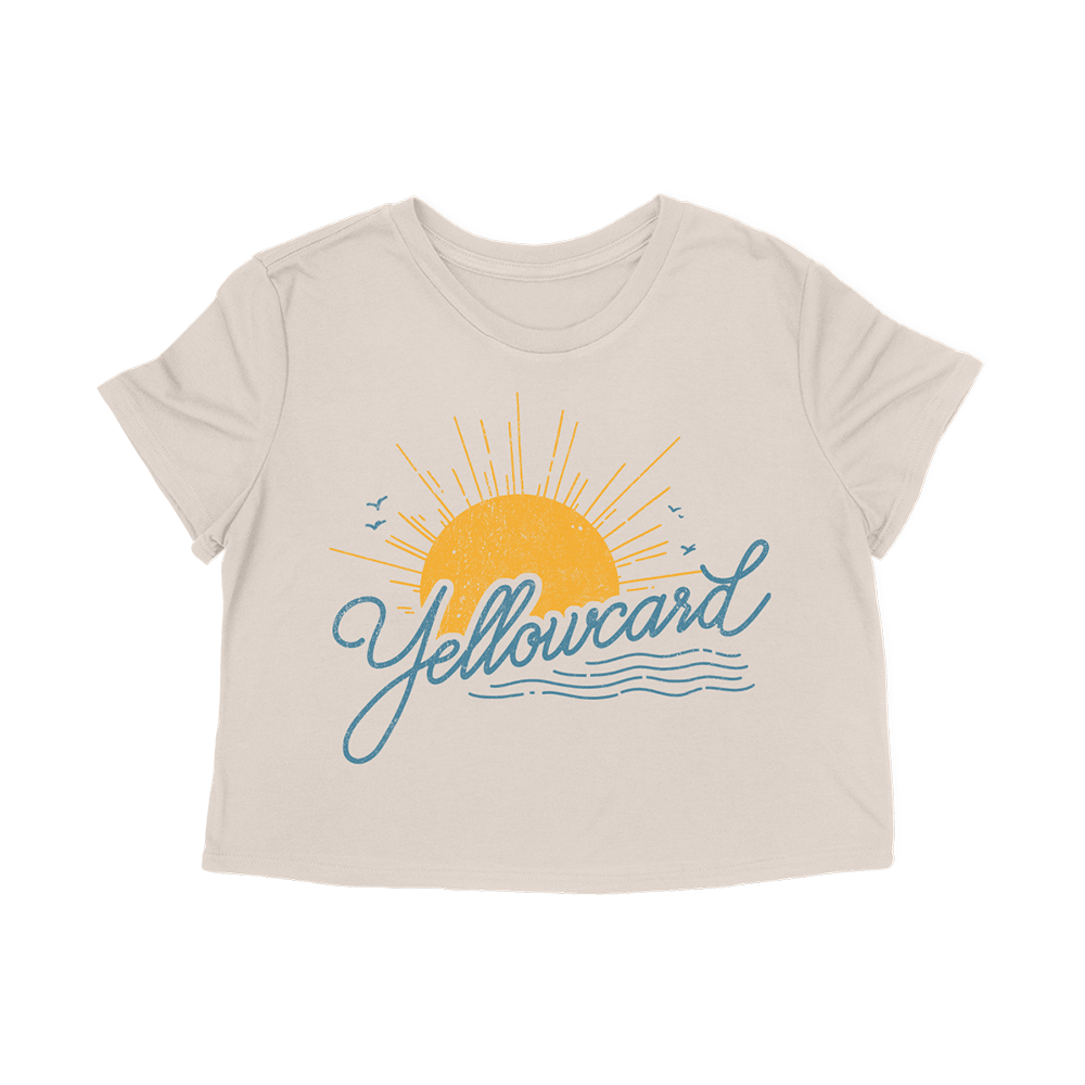 Official Yellowcard Merchandise. 65% polyester / 35% viscose flowy fit ladies crop shirt featuring the script sun design.